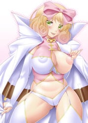 :p ayato belly blush bow breasts bridal_gauntlets brown_hair coat come_hither curly_hair erect_nipples female garter_straps green_eyes hairbow haruka_(senran_kagura) huge_breasts labcoat looking_at_viewer naughty_face navel nipple_slip nipples panties plump puffy_nipples seductive_smile senran_kagura short_hair smile solo test_tube thighhighs tongue tongue_out