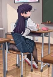 absurdres accidental_exposure ass black_eyes black_pantyhose blue_sailor_collar blue_skirt blush board_eraser chair chalkboard classroom closed_mouth commentary condom condom_wrapper day desk female flat_screen_tv food_print fruit_print highres indoors komi-san_wa_komyushou_desu komi_shouko lentiyay long_hair looking_at_viewer panties panties_under_pantyhose pantyhose pencil_case pleated_skirt print_panties purple_hair sailor_collar school_chair school_desk school_uniform shadow shirt shoes sitting skirt solo strawberry_panties strawberry_print television underwear uwabaki very_long_hair white_shirt