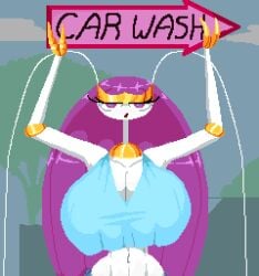 animated antennae_(anatomy) big_breasts blue_bra breasts bug bug_girl busty busty_female female gold_(metal) gold_jewelry highres pheromosa pixel_animation pixel_art pokemon pokemon_(species) purple_hair sign small_waist spinneborg white_body