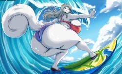 back_view belly big_butt butt_focus chubby chubby_belly curvy_figure ear_piercing fat_ass fat_butt furry huge_breasts hyper hyper_butt long_hair meowtat overweight overweight_female sea smile squirrel squirrel_tail surfboard surfing swimwear white_body wide_hips