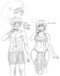 1boy 1futa abs balls blush breasts bulge dickgirl futa_is_bigger futa_with_male futanari hyper hyper_penis intersex male modeseven penis penis_size_comparison penis_size_difference testicles toothbrush