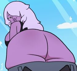 1girls amethyst_(steven_universe) animated animated_gif ass ass_focus big_ass bottom_heavy bouncing_ass bound_wrists bubble_butt fat_ass female female_only gem_(species) gif gluteal_fold huge_ass jiggle jiggling_ass large_ass looking_at_viewer looking_back low-angle_view massive_ass no_panties pants pants_down purple_skin pussy rear_view solo steven_universe thick_ass thick_thighs thunder_thighs twerking wide_hips yenvudu