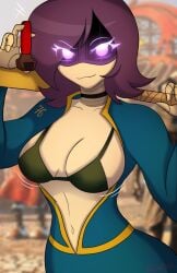 1girls beanie beanie_hat boobs breasts darkxmoza_off female female_focus female_only murder_drones purple_eyes purple_hair robot robot_girl smile smiling solo solo_female solo_focus sword uzi_(murder_drones) uzi_doorman white_body