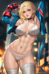 1girls 2023 2d abs alternate_version_available athletic athletic_female big_breasts blonde_hair blue_eyes bra breasts cammy_white capcom choker cowboy_shot female female_only fit fit_female gloves hi_res highres light-skinned_female light_skin lingerie lips looking_at_viewer navel navel_piercing neoartcore open_clothes panties piercing pose short_hair solo solo_female standing street_fighter street_fighter_6 thick_thighs thighhighs toned toned_female wide_hips