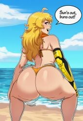 1girl ahoge ai_generated ass ass_focus beach bikini blonde_hair blue_sky breasts clothing cloud day english_text female from_behind hands_on_own_knees huge_ass large_breasts long_hair looking_at_viewer looking_back mechanical_arms motion_lines ocean open_mouth orange_bikini orange_scarf outdoors prosthesis prosthetic_arm purple_eyes rwby sand scarf single_mechanical_arm sky smile solo speech_bubble squatting swimsuit teeth thong thong_bikini water yang_xiao_long yellow_bikini