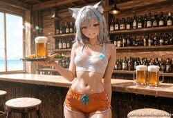 1girl ai_generated alcohol animal_ear_fluff animal_ears arm_behind_back bangs bare_arms bare_shoulders beer beer_mug blue_archive blue_eyes blush breasts cleavage collarbone cowboy_shot crop_top cross_hair_ornament cup extra_ears grey_hair grin hair_ornament halo holding holding_tray indoors kermixx looking_at_viewer medium_breasts medium_hair midriff mismatched_pupils mug navel orange_shorts shiroko_(blue_archive) short_shorts shorts smile solo standing stomach sweat tank_top tray wet wet_clothes