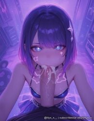 1boy 1girl ai_generated bangs bare_shoulders blue_eyes blush breasts cum cum_in_mouth erection explicit facial_mark fellatio gradient_hair hair_ornament hetero idol indoors looking_at_viewer male_pubic_hair multicolored_hair nyx_x oral penis pov purple_hair short_hair skirt small_breasts solo_focus star_(symbol) star_hair_ornament stuffed_animal stuffed_toy tattoo uncensored veins veiny_penis