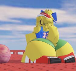 3d basketball basketball_uniform dog dog_ears dog_girl looking_at_viewer looking_back on_knees roblox roblox_avatar roblox_studio robloxian tagme yellow_fur