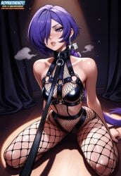 1girl ai_assisted earrings expressionless leash leash_and_collar light-skinned_female light_skin long_hair low_ponytail one_eye_covered promeia_(zenless_zone_zero) purple_eyes purple_hair royrathehot slave slave_girl small_breasts solo watermark zenless_zone_zero