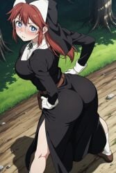 ai_generated blue_eyes blush fully_clothed glasses hands_on_hips leaning_forward long_hair looking_at_viewer looking_back megane nun nun_outfit red_hair round_ass tagme_(character) the_warrior_princess_and_the_barbaric_king