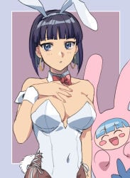 2023 big_breasts blue_eyes blue_hair bowtie bunny_ears bunny_tail bunnysuit cute hand_on_breast hoop_earrings latla_mirah mother_and_daughter undead_unluck