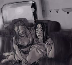 areola_slip backrooms_(film) backrooms_creature being_watched body_horror couch greyscale lesbian lingerie looking_at_ looking_at_partner still_life the_backrooms underboob weird_anatomy