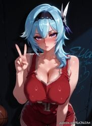 1girl 2026 ai_generated alternate_costume anime bangs bare_shoulders basketball basketball_uniform black_hairband blue_hair blush boobs breasts cleavage collarbone covered_nipples crossover eula_(genshin_impact) eye_contact female female_focus flushed genshin_impact hair_accessory hair_ornament hairband highres hoyoverse huge_breasts large_breasts looking_at_viewer medium_hair mihoyo nsfw parted_lips patreon patreon_username purple_eyes rognezart shorts solo sportswear sweat sweaty v
