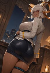 1girl ai_generated animal_ears arknights artist_name ass bangs belt black_gloves black_skirt blush breasts carnelian_(arknights) clothing copyright_name cowboy_shot curtains dark-skinned_female dark_skin desk dutch_angle duxvector female from_behind gloves goat_ears goat_girl goat_horns grin half_gloves horns indoors infection_monitor_(arknights) lamp large_breasts lips lipstick long_sleeves looking_at_viewer looking_back makeup miniskirt night night_sky office_lady pantylines parted_lips pencil_skirt red_eyes red_lips shirt short_hair skindentation skirt sky smile solo steaming_body sweat thick_thighs thigh_strap thighlet thighs wet white_hair white_shirt window