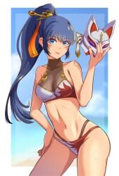 1girls alluring bikini black_hair blue_eyes holding_kitsune_mask kitsune_marks kitsune_mask kunimitsu_ii kunoichi medium_breasts namco pin_up ponytail tekken tekken_8