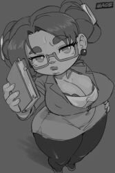 1girl 1girls clothed clothed_female female gnome gnome_(warcraft) grayscale large_ass large_breasts magsama office_lady ruby_funnelcog tagme world_of_warcraft