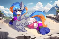 alternate_character alternate_version anus blushing butt chest_fluff clothes cloud commission day dock ear_fluff ears_up explicit female friendship_is_magic full_body genitals lgbt looking_at_you looking_back looking_back_at_you lying_down mare mlp mlp_g4 my_little_pony nudity oc oc_only outdoors pegasus plot pony pride pride_month prone rock smiling smiling_at_you socks solo solo_female stone striped_socks vagina yuris_(artist)