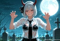 1girl ai_generated bangs bare_tree belt black_bra black_hairband black_necktie black_ribbon blue_eyes blush bra breasts claw_pose collared_shirt cross fake_horns full_moon grave graveyard grin hair_ribbon hairband hands_up horns kermixx looking_at_viewer moon necktie night night_sky outdoors ribbon see-through sharp_teeth shiny shirt shirt_tucked_in short_hair short_sleeves sky sleeves_rolled_up smile solo teeth tombstone touhou tree underwear upper_body v-shaped_eyebrows wet wet_clothes wet_shirt white_hair white_shirt youmu_konpaku
