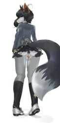 2026 absurd_res anthro black_hair blush bottomwear buttplug canid canine canis capabaru clothed clothing eurasian_wolf eyes_closed female fluffy fluffy_tail footwear fur genitals grey_body hair hi_res mammal panties panties_down partially_clothed plug_(sex_toy) sex_toy shoes simple_background skirt smile solo tail underwear underwear_down vibrator vulva white_background white_body white_fur wolf zoe_(nathannatefox)