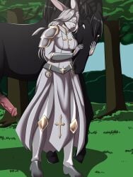 armor black_body blindfold blindfolded bunny_ears furry horse horse_penis horsecock knight outdoors outside paladin rabbit rabbit_girl white_fur white_hair yonooshi