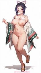 1girl 2026 ai_generated artist_name black_hair boobs breasts bust butterfly_hair_ornament chest demon_slayer exposed_nipples gradient_hair hair_ornament haori hi_res high_quality highres japanese_clothes kimetsu_no_yaiba kimono kochou_shinobu multicolored_hair nipples nipples_outside patreon patreon_username pinkname purple_eyes purple_hair sandals smile solo sweat tits watermark wide_sleeves