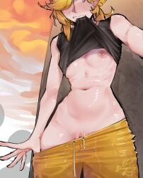 1girls blonde_hair dokibird dragziletf head_wings holding_shirt_by_teeth holding_shirt_with_mouth indie_virtual_youtuber pulling_down_shorts pussy_peek small_breasts
