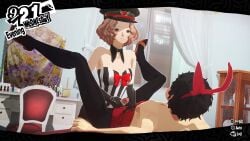 1boy 1girls assertive_female bdsm bed bedroom bow bunny_boy bunny_ears bunnysuit collar_ring crossdressing femdom haru_okumura hat hi_res holding_penis indoors joker_(persona) leotard malesub military_hat off_shoulder on_bed pantyhose penis persona persona_5 precum sandals smile spread_legs strapless uriziel38