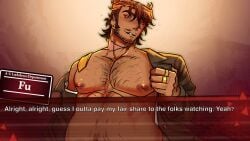 1male body_hair brown_hair dad_bod danganronpa danganronpa:_antebellum_lockdown danganronpa_antebellum danganronpa_antebellum_lockdown dilf facial_hair fanganronpa fu_wang_(danganronpa:_antebellum_lockdown) looking_at_viewer male_only partially_clothed removing_clothing removing_shirt scar scars sole_male suit suit_and_tie suit_jacket tan_skin text text_box undressing undressing_self yellow_eyes