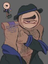 embarassed_male embarrassed hairy_chest hairy_male hairy_pussy partially_clothed rodger_(dandy's_world) transmale transmasc