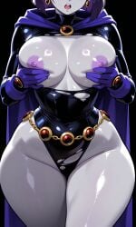 ai_generated boobs breasts_out cloak colored_skin curvaceous curvy dc_comics houseofwaifu huge_breasts leotard nipples rachel_roth raven_(dc) ripped_clothing short_hair solo_focus teen_titans thick thick_hips thick_legs thick_thighs wide_hips wide_thighs