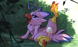 2026 absurd_res animal_genitalia anthro bandai_namco behind_shrub biyomon blue_eyes carrot_(artist) cloaca digimon digimon_(species) egg feathers female genitals hi_res open_mouth oviposition pink_body pink_feathers solo spread_legs spreading tongue