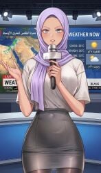 arabian female hijab hijabi pencil_skirt reporter weather_report
