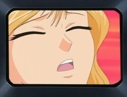 blonde blonde_female eyelashes eyes_closed keraku-no-oh:_king_of_pleasure long_wavy_hair loving_it porn_star pornography red_bed_sheet television