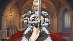big_breasts blonde_hair blue_eyes curvy curvy_figure davidedavide female knight serious serious_face solo sword wide_hips