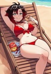 1girls :t ai_generated arm_behind_head arm_up armpits beach beach_chair bikini black_hair blush breasts chair choker cleavage clothing cookie day eating eyewear eyewear_on_head female food front-tie_bikini_top front-tie_top gradient_hair grey_eyes halterneck holding holding_food large_breasts looking_at_viewer lying multicolored_hair navel ocean on_back outdoors red_bikini red_hair rooster_teeth ruby_rose rwby sand short_hair side-tie_bikini_bottom smile solo stomach string_bikini sunglasses swimsuit two-tone_hair water