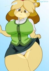 1girl animal_crossing anthro ass_focus baggen683 big_ass big_breasts blonde_hair curvy dog_girl explicit fanart female green_cardigan isabelle_(animal_crossing) lewd looking_at_viewer nsfw skirt_lift solo thicc thick_thighs wide_hips