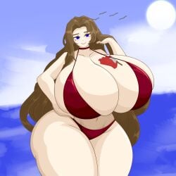 blush closed_mouth curvy decodec decodecker gigantic_breasts hyper limbus_company lips ocean plump project_moon red_bikini rodion_(limbus_company) smile thick_thighs voluptuous wide_hips