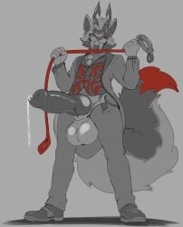 accessory animal_genitalia animal_penis anthro balls belt big_balls big_penis bodily_fluids bottomwear canid canid_demon canine canine_genitalia canine_penis cheek_tuft clothed clothing collar demon dress_shoes dripping eyebrows facial_tuft fangs fluffy fluffy_tail footwear genital_fluids genitals hellhound hi_res horn huge_balls huge_penis knot leash looking_at_viewer male mammal markings mythological_canine mythological_creature mythology necktie open_bottomwear open_clothing open_pants oxvin_the_hellhound pants penis precum precum_drip sallandril scar shoes simple_background smug_grin solo suit tail tail_markings teeth tuft