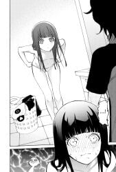 1boy 1girl 1girls adashino_benio bare_shoulders bathroom blush embarassed_female enmadou_rokuro highres manga manga_page monochrome navel official_art pulling_panties short_hair sweat twin_star_exorcists undressing