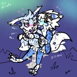 anthro balls belly belly_expansion blep blizzate blizzate_the_arctiox blue_body blue_fur blush bodily_fluids bulge bulge_from_behind canid canine chimera cock_sitting cum cum_inside cum_while_penetrated duo ejaculation expansion female feral fox fur genital_fluids genitals heart_symbol knot knotted_penis knotting larger_male leaking_cum male male/female mammal messy nox_(pal) onomatopoeia pal_(species) palworld penetration penile penile_penetration penis penis_in_vagina pocketpair red_eyes sitting sitting_on_another size_difference smaller_female sound_effects tail tail_motion tailwag text tongue tongue_out unknown_species vaginal vaginal_penetration white_body white_fur