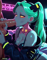 1boy 1girl ai_generated artificial_eye artist_name black_bra black_hairband black_jacket black_panties bra breasts cleavage colored_sclera colored_skin cyberpunk:_edgerunners cyberpunk_2077 cyborg erection fellatio green_eyes green_hair hairband hetero jacket large_penis leg_tattoo long_hair mechanical_eye medium_breasts minokai neck_tattoo off_shoulder open_jacket oral panties penis rebecca_(cyberpunk) rebecca_(edgerunners) red_sclera self_upload solo_focus tattoo testicles twintails uncensored underwear veins veiny_penis
