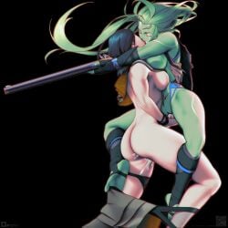 2girls against_wall arm_around_waist ass black_gloves black_hair blue_hair blue_skin breast_press breasts censored closed_eyes clothes_pull colored_skin commission crow_(orihalchon) dark_nipples dutch_angle female fingering fingering_pussy fingerless_gloves fingernails firing flintlock floating french_kiss gloves gun highres holding holding_gun holding_weapon imryll_(orihalchon) interspecies kissing large_breasts lesbian lesbian_kiss lesbian_sex long_hair medium_hair multiple_females multiple_girls muscular muscular_female musket muzzle_flash nipples nude original original_character orihalchon pants pants_pull pubic_tattoo pussy qr_code rifle sharp_fingernails soles spread_legs tattoo toes tongue tongue_out weapon yuri