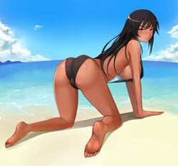 all_fours aqua_eyes ass bad_hands barefoot beach bikini black_bikini black_hair blush breasts dark-skinned_female dark_skin female large_breast long_hair looking_at_viewer looking_back metalbolic original outside sideboob sling_bikini smile solo swimsuit water