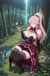 1girl ai_generated ariane_glenys_lalatoya bangs bare_shoulders bird black_legwear blush breasts bridal_gauntlets cleavage cleavage_cutout detached_sleeves dress elf forest gaikotsu_kishi-sama_tadaima_isekai_e_o_dekake-chuu grass hi_res high_quality high_resolution huge_breasts kiraamane large_breasts long_hair looking_at_viewer nature outdoors patreon pink_hair pointy_ears ponytail red_dress seductive sexy sitting smile solo thighhighs tree uncensored watermark yellow_eyes