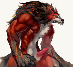 1boy absurdres anthro banehallow_the_lycanthrope canine chest_tuft claws deanii dota_2 erection fangs fur furry highres lycan_(dota) male male_only mammal muscles nipples nude penis plain_background presenting red_fur solo tuft were werewolf wolf yellow_eyes