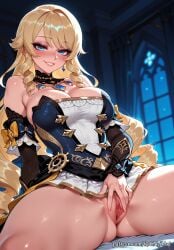 1girl 2026 ai_generated anime bangs bare_shoulders blonde_hair blue_eyes blush boobs breasts cleavage crossover detached_sleeves dress drill_hair earrings explicit eye_contact female female_focus flushed genshin_impact grin highres hoyoverse huge_breasts indoors inside jewelry large_breasts long_hair looking_at_viewer mihoyo navia_(genshin_impact) nsfw patreon patreon_username pussy rognezart sitting smile smiling solo spread_legs spread_pussy sweat sweaty thick_thighs thighs uncensored very_long_hair window