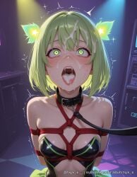 1girl after_fellatio ai_generated arms_behind_back bangs bare_shoulders bdsm black_leotard blush bondage bound bound_arms breasts collar collarbone cum cum_in_mouth cum_on_hair cum_on_tongue explicit facial glowing green_eyes green_hair hair_ornament leash leotard nyx_x open_mouth red_rope restrained rope shibari shibari_over_clothes short_hair small_breasts solo sweat tongue tongue_out trembling upper_body viewer_holding_leash wide-eyed