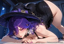 1girl ai_generated big_breasts female lucilla_(wuthering_waves) mature_female purple_hair revoaru thick_thighs thighs witch witch_hat wuthering_waves