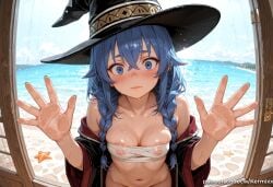 1girl ai_generated bangs bare_shoulders beach black_headwear blue_eyes blue_hair blush braid breasts closed_mouth collarbone covered_nipples crossed_bangs day hair_between_eyes hat kermixx long_hair looking_at_viewer medium_breasts mushoku_tensei navel nipples ocean roxy_migurdia solo starfish twin_braids upper_body water wet witch_hat
