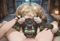 2girls ai_generated armor armored_female beige_skin black_hair breasts checkered checkered_skin chinese_clothes emerald_(gem) fangs female fur gauntlets gem_eyes girl_on_girl gloves golem green_eyes hair_buns hand_on_head hand_on_leg hand_on_thigh head_between_thighs horror horror_(theme) imminent_cunnilingus imminent_oral jade_(gem) large_breasts leg_armor lion_mane looking_at_viewer mane mask monster_girl original original_character paigen pov pussy shoulder_armor sleeves statue teeth terracotta terracotta_statue voluptuous voluptuous_female white_fur white_hair yuri